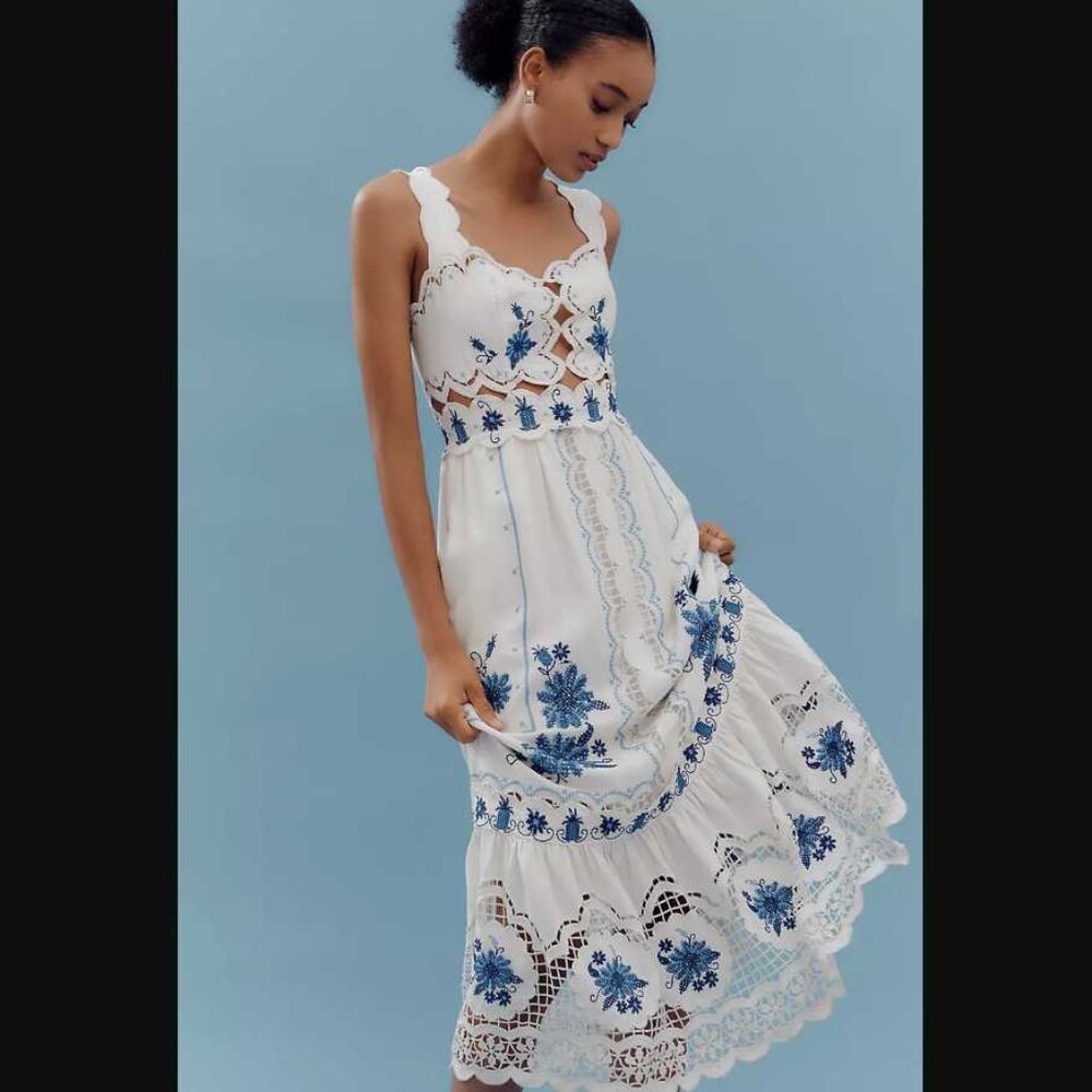 New L Farm Rio x Anthropologie cross-stitch Richelieu linen-blend dress white - Picture 12 of 12